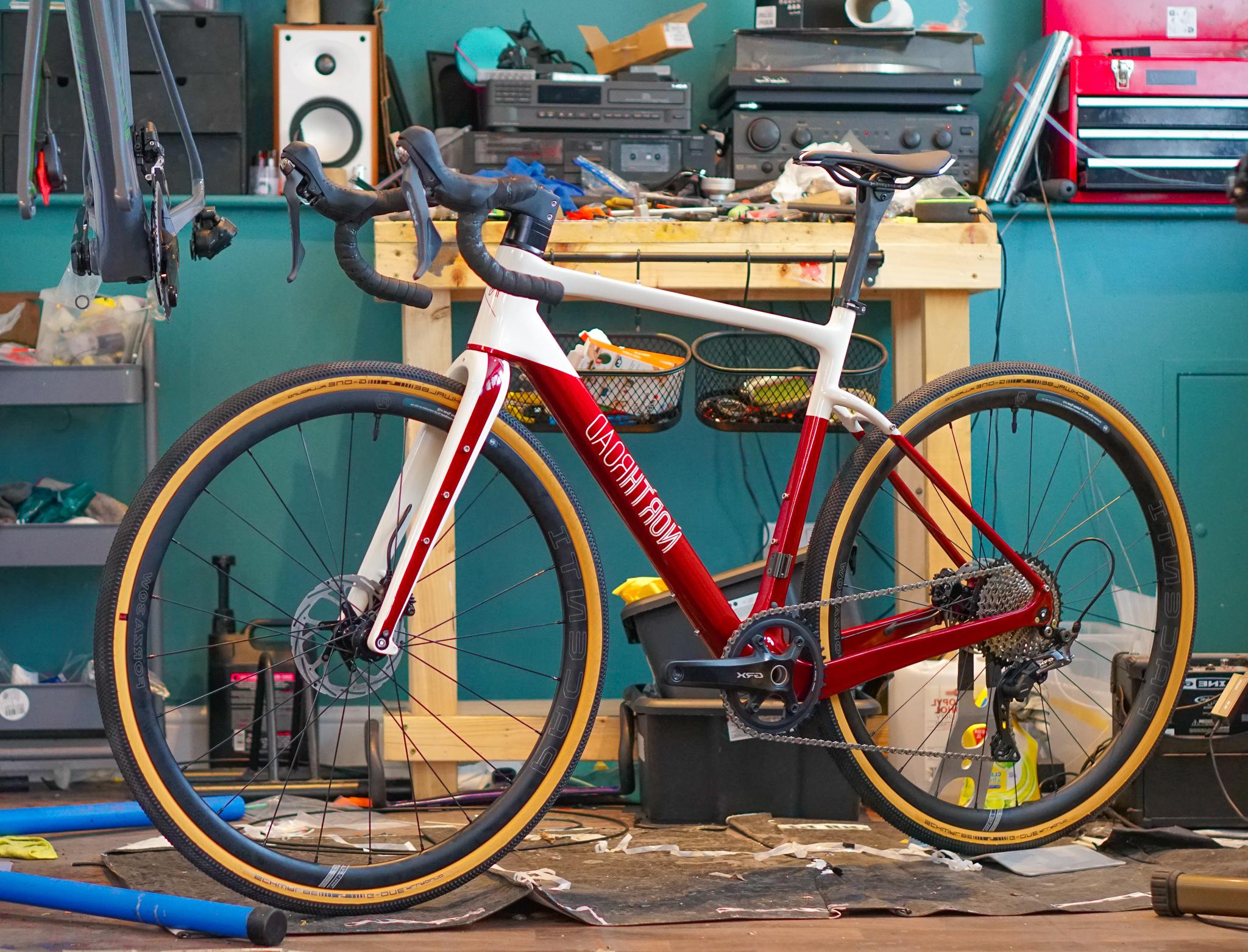 A custom bike in the NorthRoad Cycles bikery.